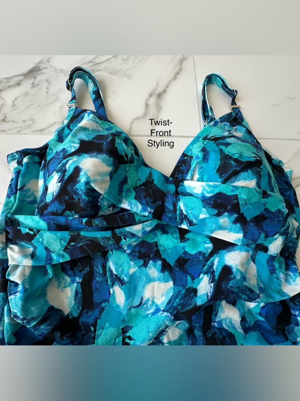 CALVIN KLEIN Tropical Waters Twist-Front Tankini Top, EUC, Sz. XL - Picture 6 of 14